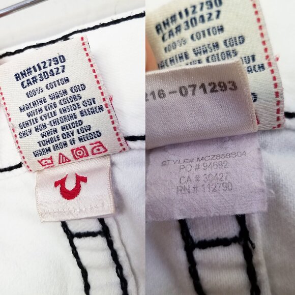 True Religion Men's 40 Straight Leg Jeans Optic White Blue Stitch Flap Raw Hem - Picture 9 of 16